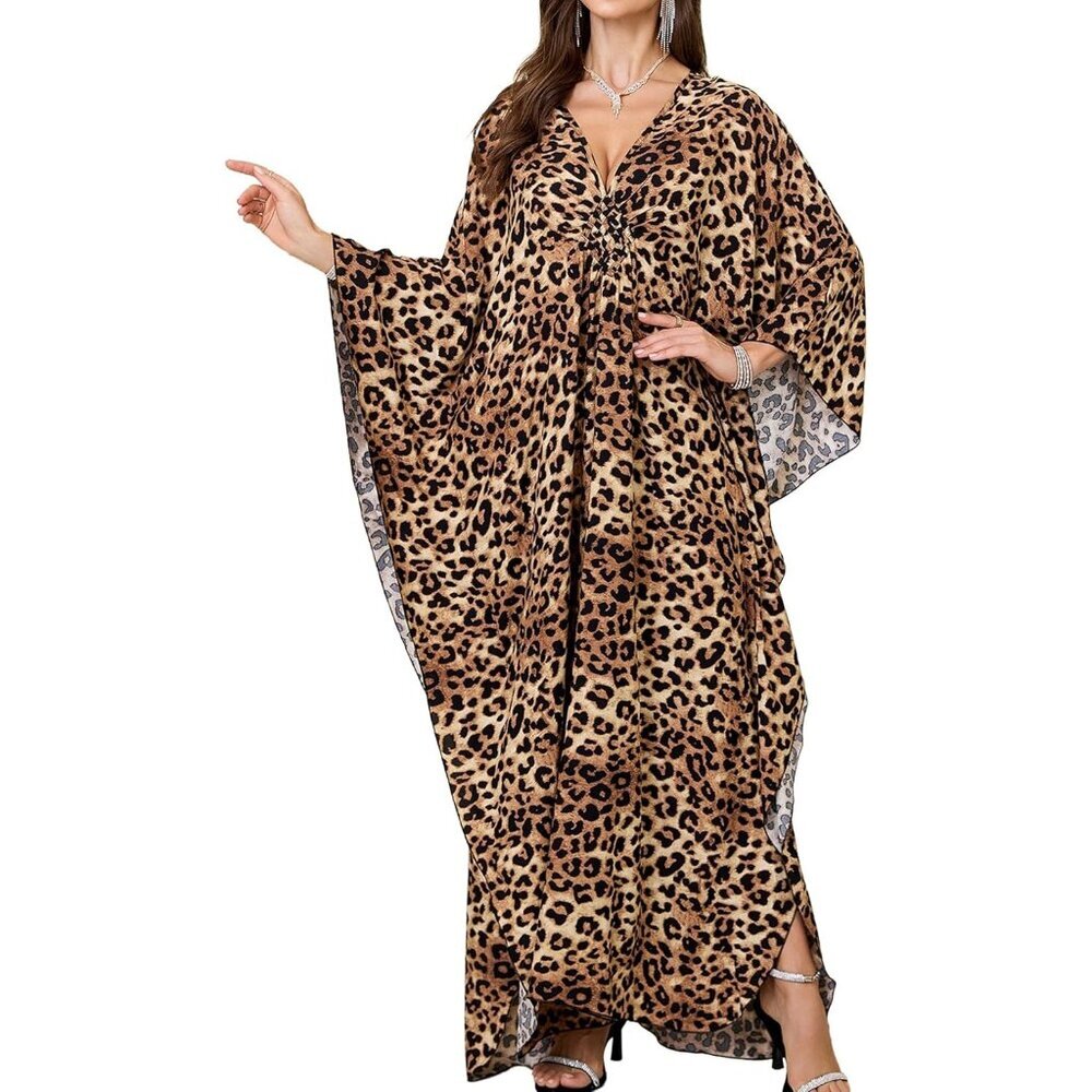 Women's Brown Leopard Spots V-Neck Batwing Sleeves Summer Cover Up Kaftan Dress